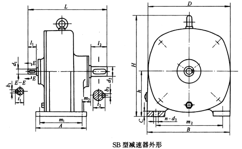 SB系列雙擺線針輪減速機外形及安裝尺寸、針齒中心圓直徑及傳動比