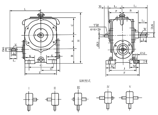 圓柱蝸杆減速器的外形、安裝尺寸及裝配形式